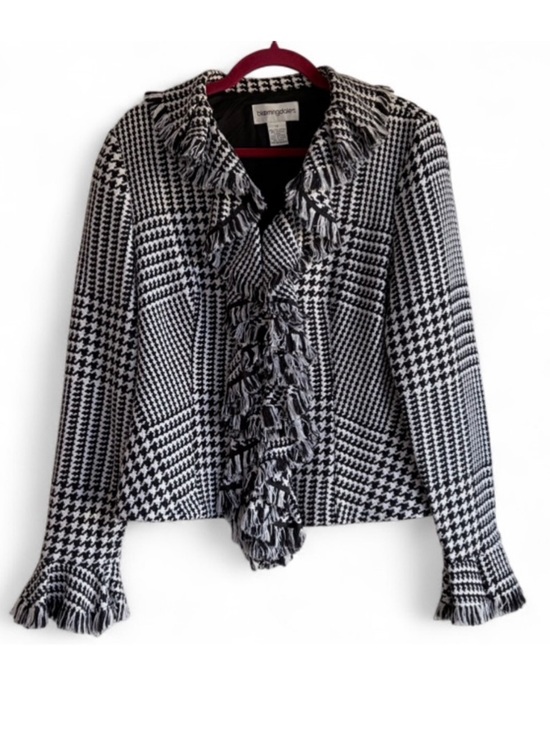 Bloomingdale's Jackets & Blazers - Bloomingdales Houndstooth Tweed Fringe Collar Zip Jacket Size 12